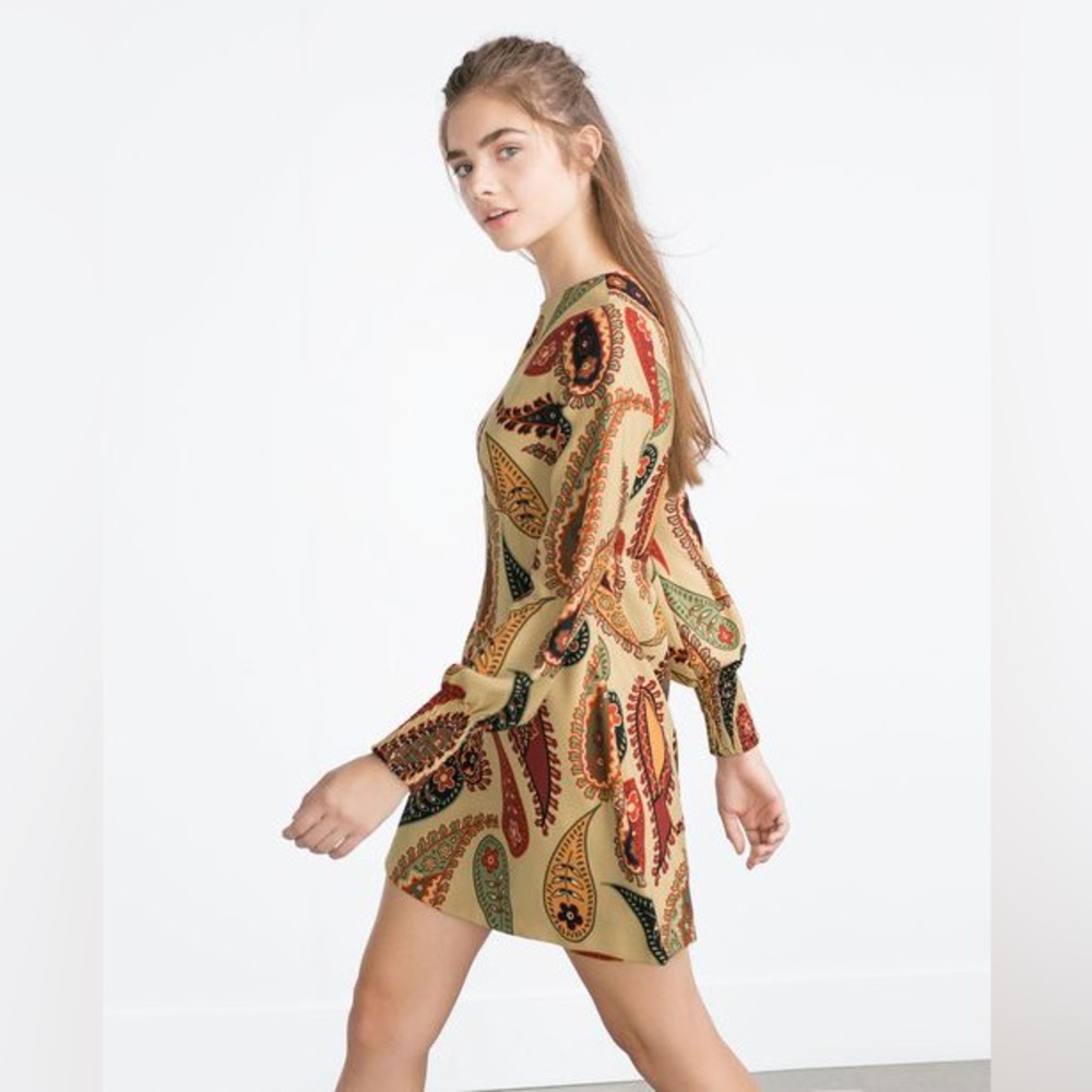 NWT ZARA Floral paisley Long Printed Shirt Dress S Fall Morocco